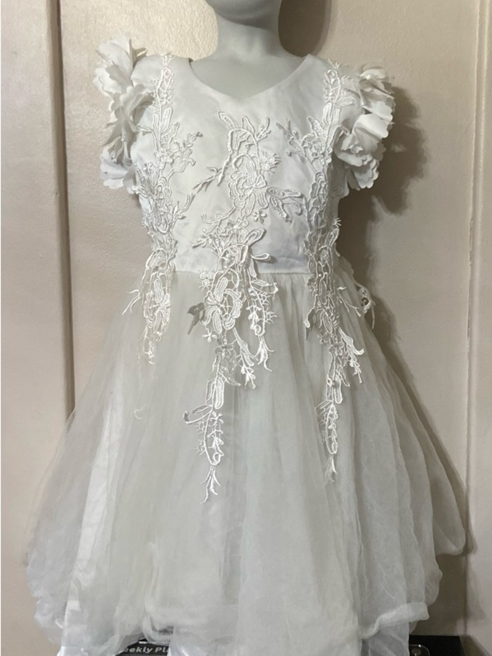 White Floral Lace Tulle Party Dress for Girls